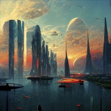 Illustration of a futuristic city in space with skyscrapers by the sea, red and blue colored at