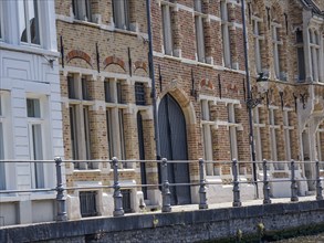 Detailed view of historic brick buildings with elaborate facades in Bruges, Bruges, Flanders,