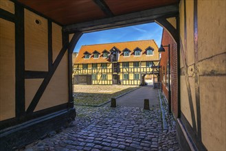 Faborg, Faaborg, picturesque old town with colourful houses, half-timbered houses, inner courtyard,