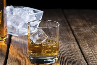 Single Malt Whiskey with Ice Cubes on wooden background
