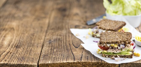 Tuna sandwich with wholemeal bread (selective focus, close-up shot)