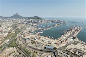 Cape Town Harbor (South Africa, aerial view) shot from a helicopter