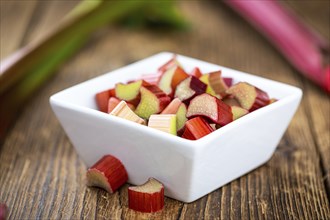 Freshly chopped Rhubarb as detailed close up shot (selective focus)