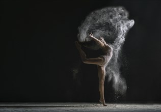 Concept. Flexible woman dancing in cloud of dust