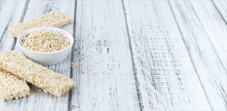 Some fresh made Quinoa Bars on vintage background (close-up shot)