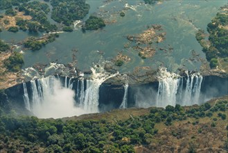 Victoria Falls in Zimbabe at dry time as aerial shot made out of a helicopter