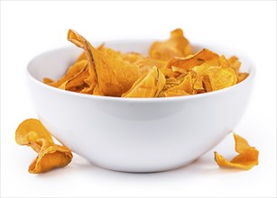 Sweet Potato Chips isolated on white background, selective focus, close-up shot