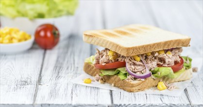 Homemade Tuna Sandwich (selective focus, close-up shot) on vintage wooden background