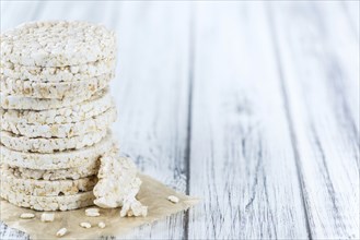 Some Rice Cakes (close-up shot) on an old wooden table