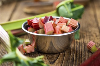 Freshly chopped Rhubarb as detailed close up shot (selective focus)