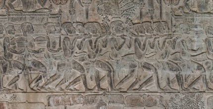 Detailed shots of the reliefs in the Angkor Wat temple, Cambodia, Asia