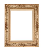 Golden picture frame on white background. Vintage baroque style object