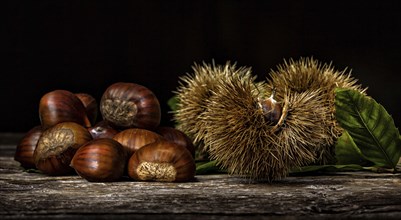 Chestnuts and chestnut bur on wooden table. Light painting technique