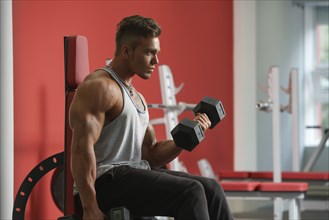 Handsome young man training with dumbbells in gym