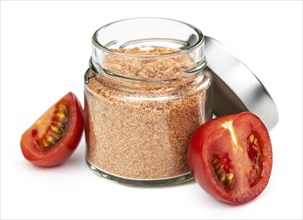 Portion of Tomato Powder isolated on white background (selective focus)