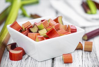 Chopped Rhubarb as detailed close up shot (selective focus)