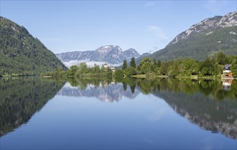 Morning atmosphere, reflection, Grundlsee Castle in the morning light, Grundlsee, panoramic shot,