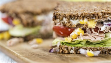 Tuna sandwich with wholemeal bread (selective focus, close-up shot)