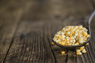 Dried Corn (detailed close-up shot, selective focus) on vintage wooden background