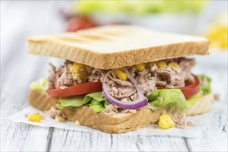 Homemade Tuna Sandwich (selective focus, close-up shot) on vintage wooden background