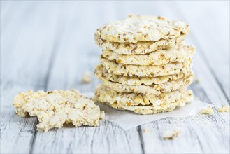 Portion of Corn Waffles (selective focus, close-up shot) on wooden background