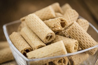 Fresh made Sweet Wafers on a vintage background as detailed close-up shot