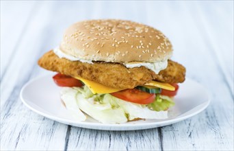 Fish Burger on wooden background (close-up shot, selective focus)