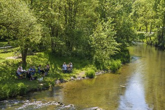 Picturesque river and beer garden, near Rothenburg ob der Tauber, Romantic Road, Franconia,