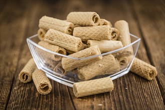 Fresh made Sweet Wafers on a vintage background as detailed close-up shot