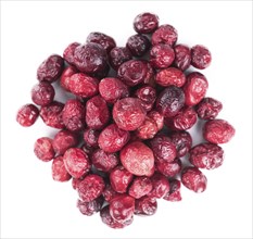 Dried Cranberries as detailed close-up shot isolated on white background (selective focus)