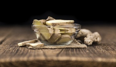 Some healthy Ginger Slices (selective focus, close-up shot)