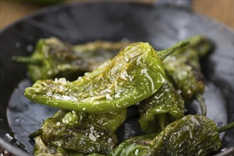 Pimientos de Padron on rustic wooden background as close-up shot