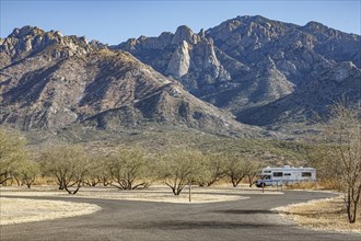 Motorhome parked at campground in Catalina State park near Tucson, Arizona