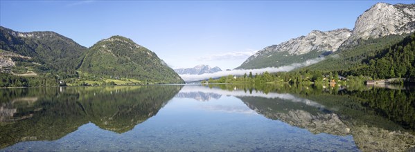 Morning atmosphere, reflection, early morning fog over the Grundlsee, panoramic shot,