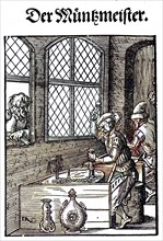 The Mint Master, woodcut from the, Das Staendebuch, a famous series of woodcuts of the craft of