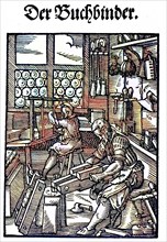 The bookbinder, woodcut from the, Das Staendebuch, a famous series of woodcuts of the craft of