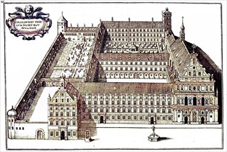 The Jesuit College in Munich, copperplate engraving by Merian in Topogr. Bavariae, Germany, digital