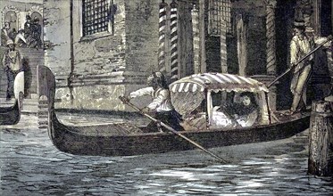 A gondola ride in the canals of Venice, Italy, digital reproduction of an original from the 19th