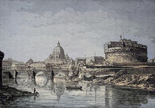 St Peter's Basilica and the Castel Sant'Angelo or Mausoleum of Hadrian, usually known as Castel