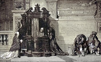 Priest in the confessional, the sins of the faithful ring out, confession in St Peter's, Italy,