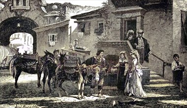 Family outing with donkeys, start of a journey, Italy, digital reproduction of an original from the