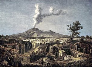 Ruins of the Roman city of Pompeii and the volcano Vesuvius, Italy, digital reproduction of an
