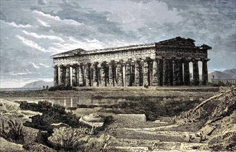 Temple of Poseidon at Paestum, Paestum, Campania, Italy, digital reproduction of an original from