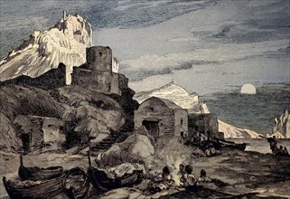 Small bay on Capri, small marina on Capri, Italy, digital reproduction of an original from the 19th