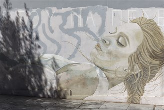 Sleeping woman, lying on her back, graffiti, street art, old town Plaka, Athens, Greece, Europe