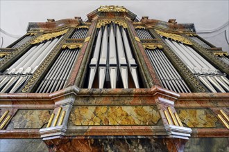 The organ in the church of St Afra in Betzigau near Kempten, Allgäu, Swabia, Bavaria, Germany,