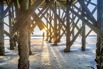 Woman, walking, under pile dwellings, sunset, backlight, low tide, beach, coast, North Sea, St.