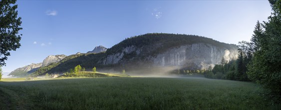 Morning atmosphere, early morning fog over a meadow, behind the Gossler Wand, panoramic shot,