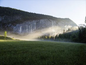 Morning atmosphere at sunrise, early morning fog over a meadow, behind the Gossler Wand, Gossl,