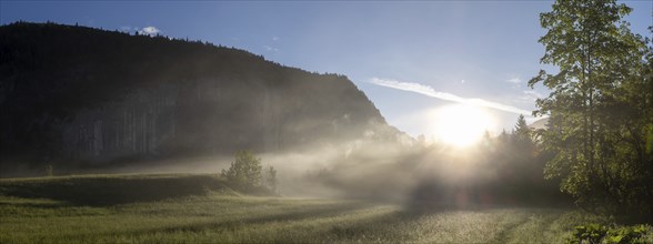 Morning atmosphere, early morning fog over a meadow, behind the Gossler Wand, panoramic shot,